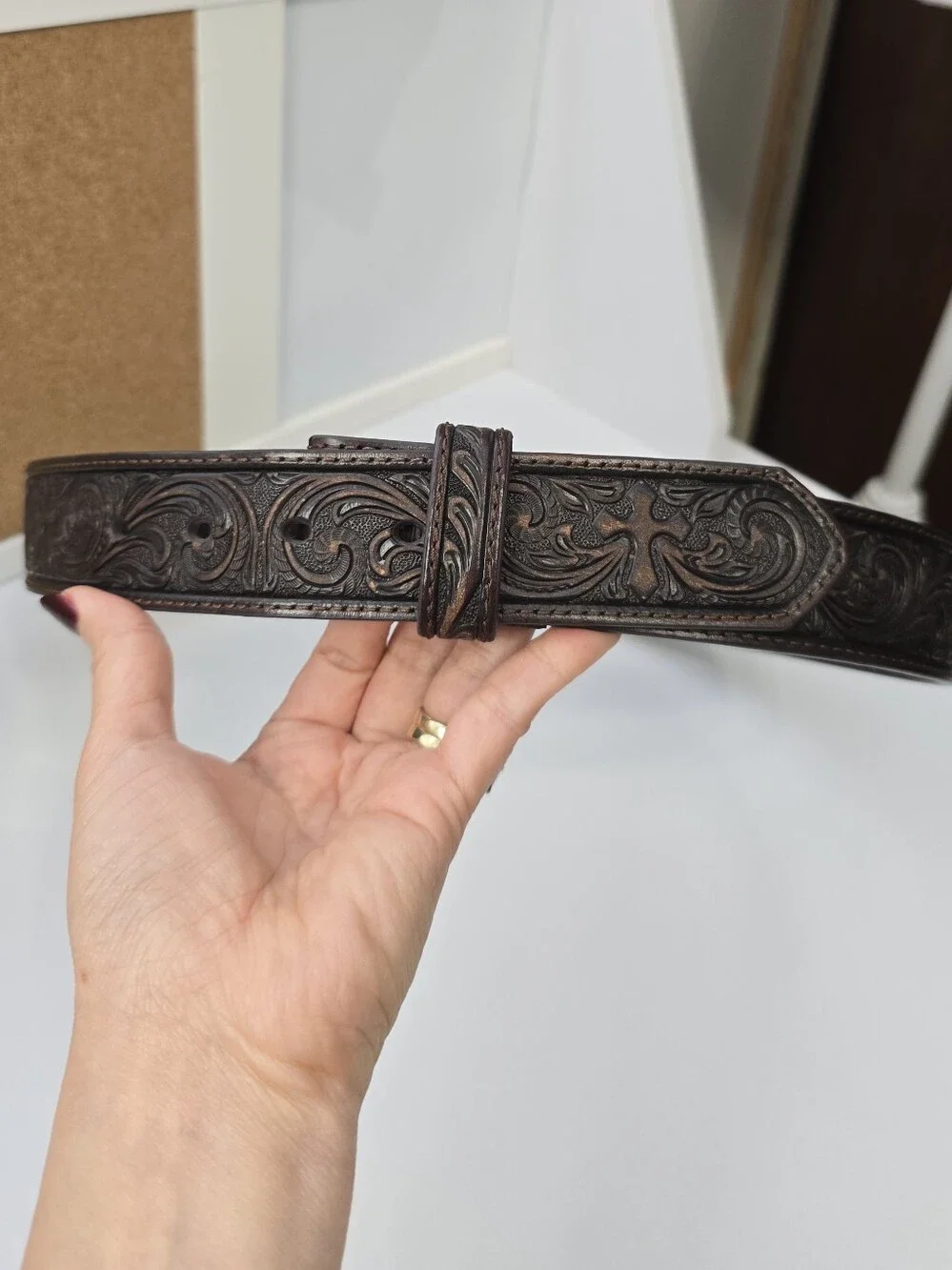 Nocona Tooled Dark Brown Leather Belt with Cross Motif
